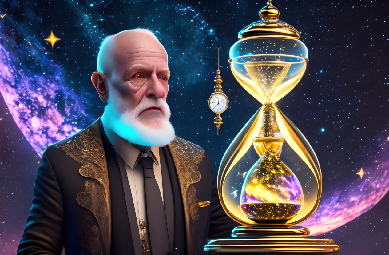 Elderly man in patterned jacket with hourglass in cosmic setting