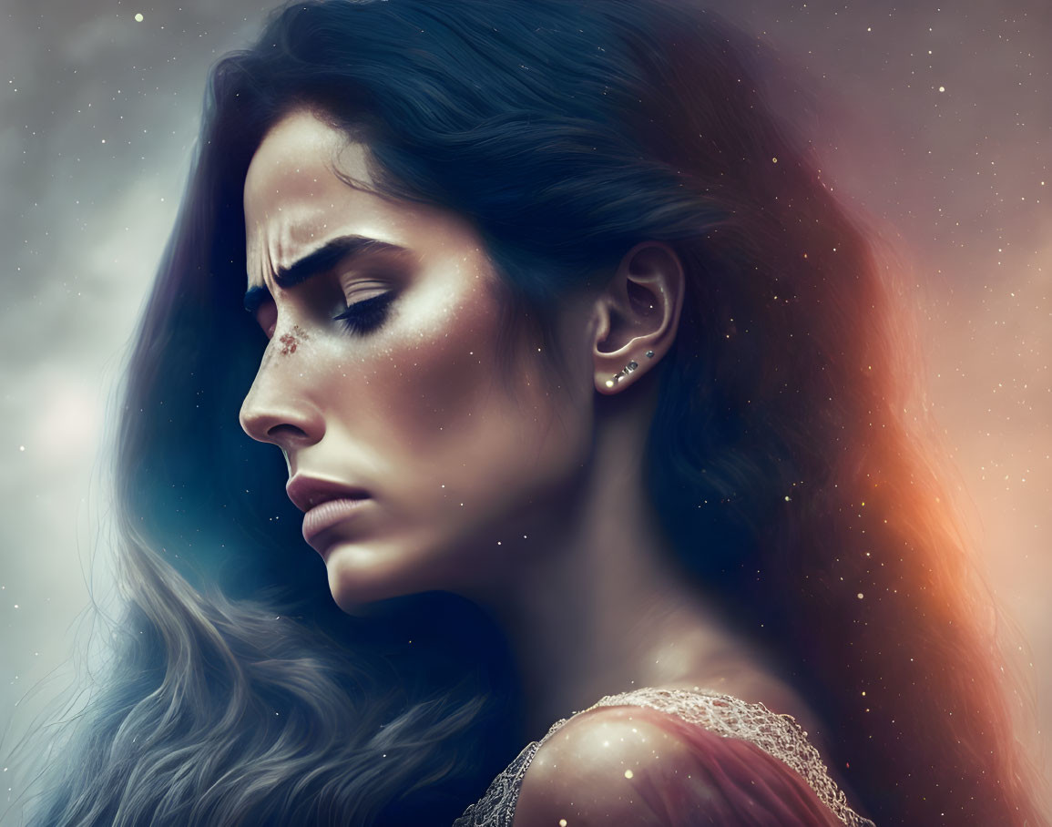 Digital artwork of woman with long wavy hair in galaxy-themed setting