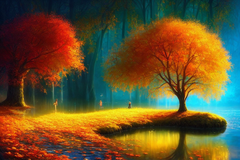 Tranquil autumn forest with colorful trees and figures in misty setting