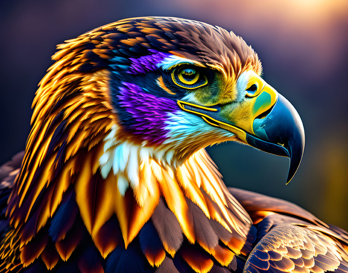 Colorful digitally-enhanced eagle portrait with intricate feathers & blurred background