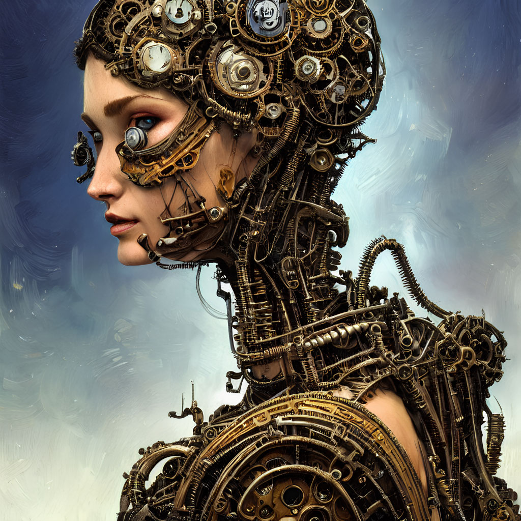 Portrait of a woman with mechanical hair and steampunk features