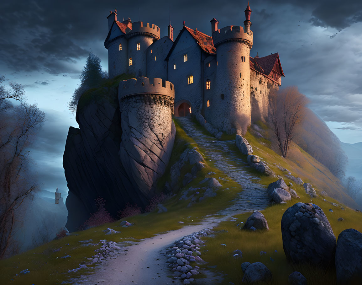 Medieval castle on rocky hill at twilight with winding path under moody sky