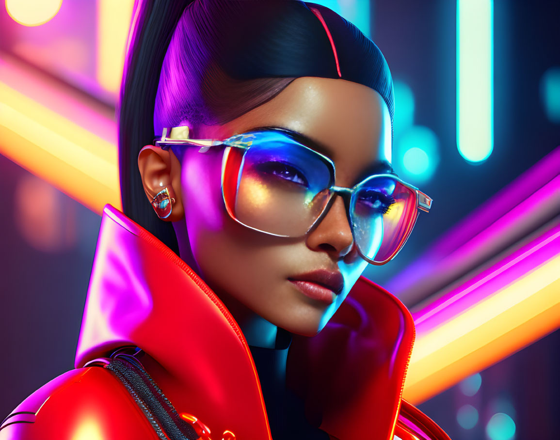 Stylish woman in red jacket with neon-lit cyberpunk background