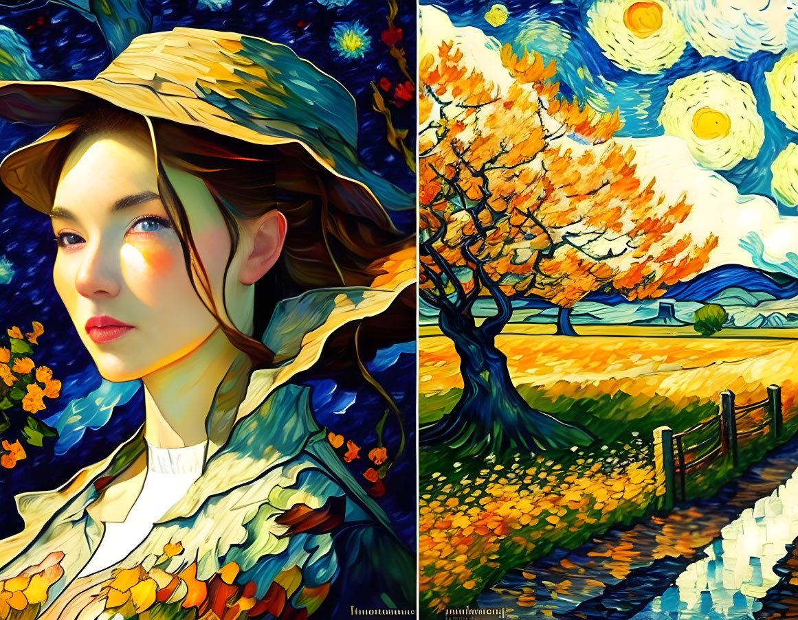 Digital artwork: Woman with sunlit face and hat beside swirling landscape, tree, and stars