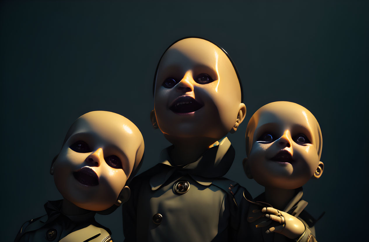 Three unsettling figures with oversized baby heads and adult-like bodies in dark attire on dark background.