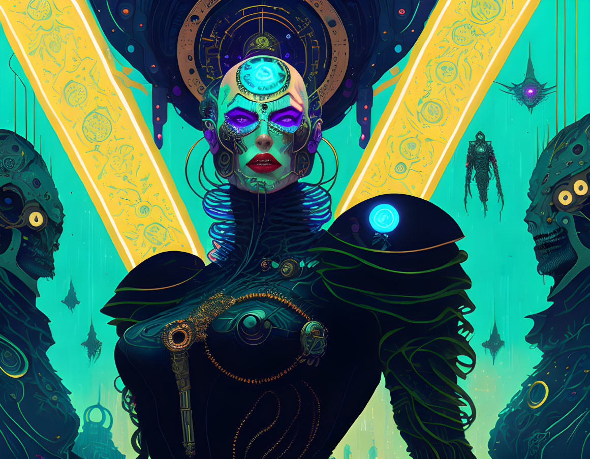 Stylized female figure with cybernetic enhancements in futuristic artwork