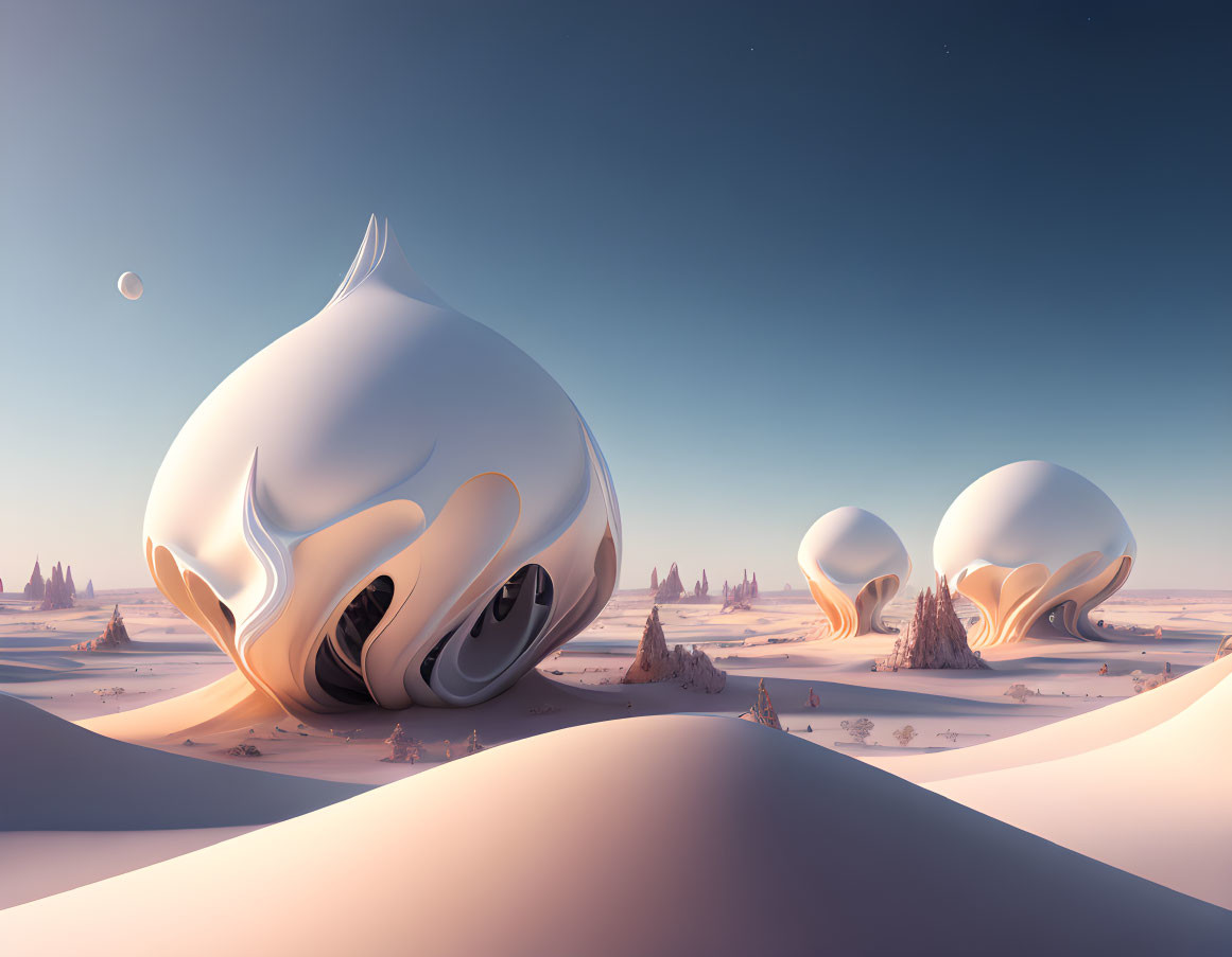 Surreal landscape with smooth dunes and organic-shaped structures under a pastel sky