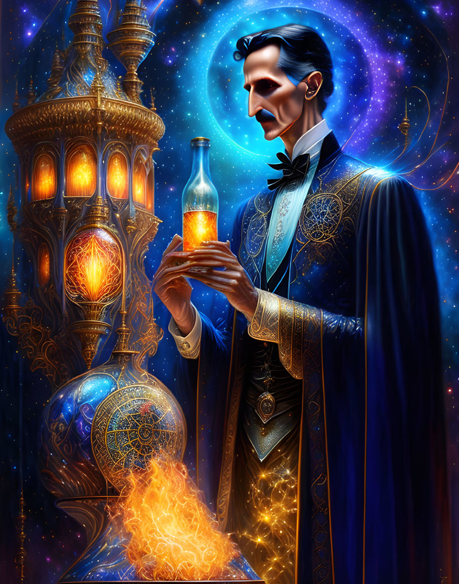 Mystical figure in ornate robes with glowing vial and magical flames