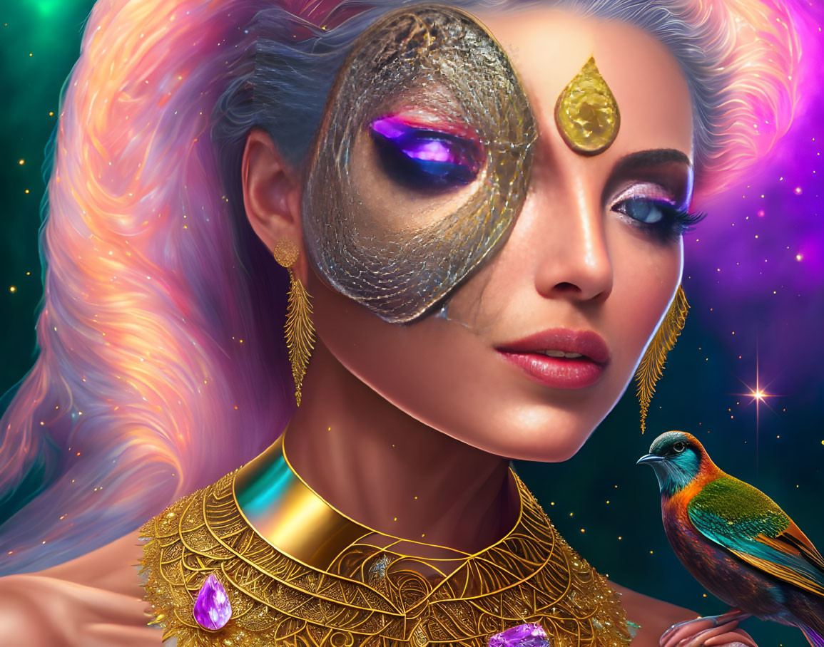 Digital artwork: Woman with cosmic background, golden jewelry, bird on shoulder, metallic mask.