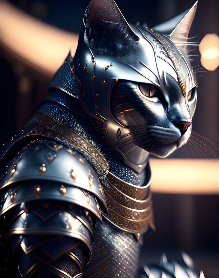 Armored cat with stern expression in detailed plate armor