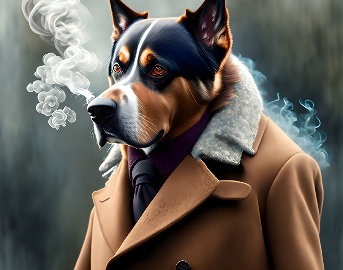 Anthropomorphic dog in trench coat with scarf and smoking snout