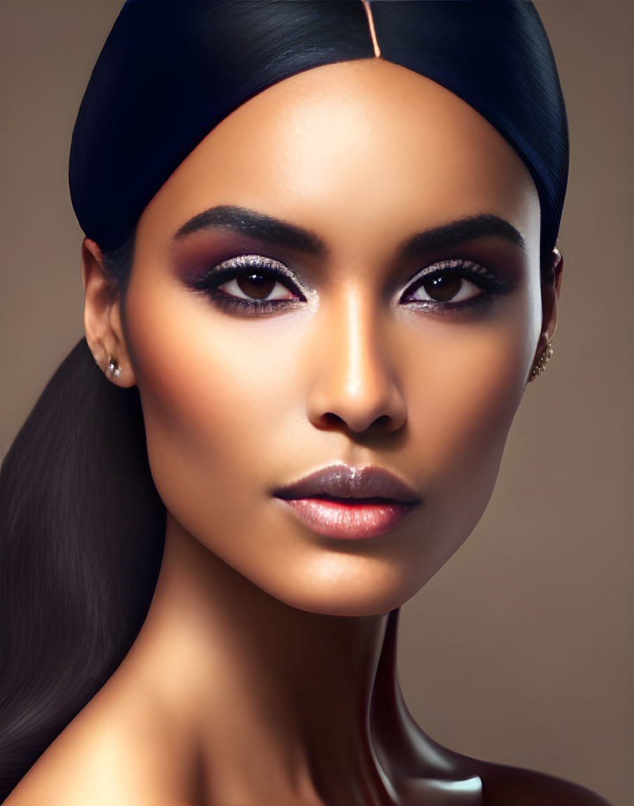 Woman portrait with smoky eye makeup, glossy lips, and black headband