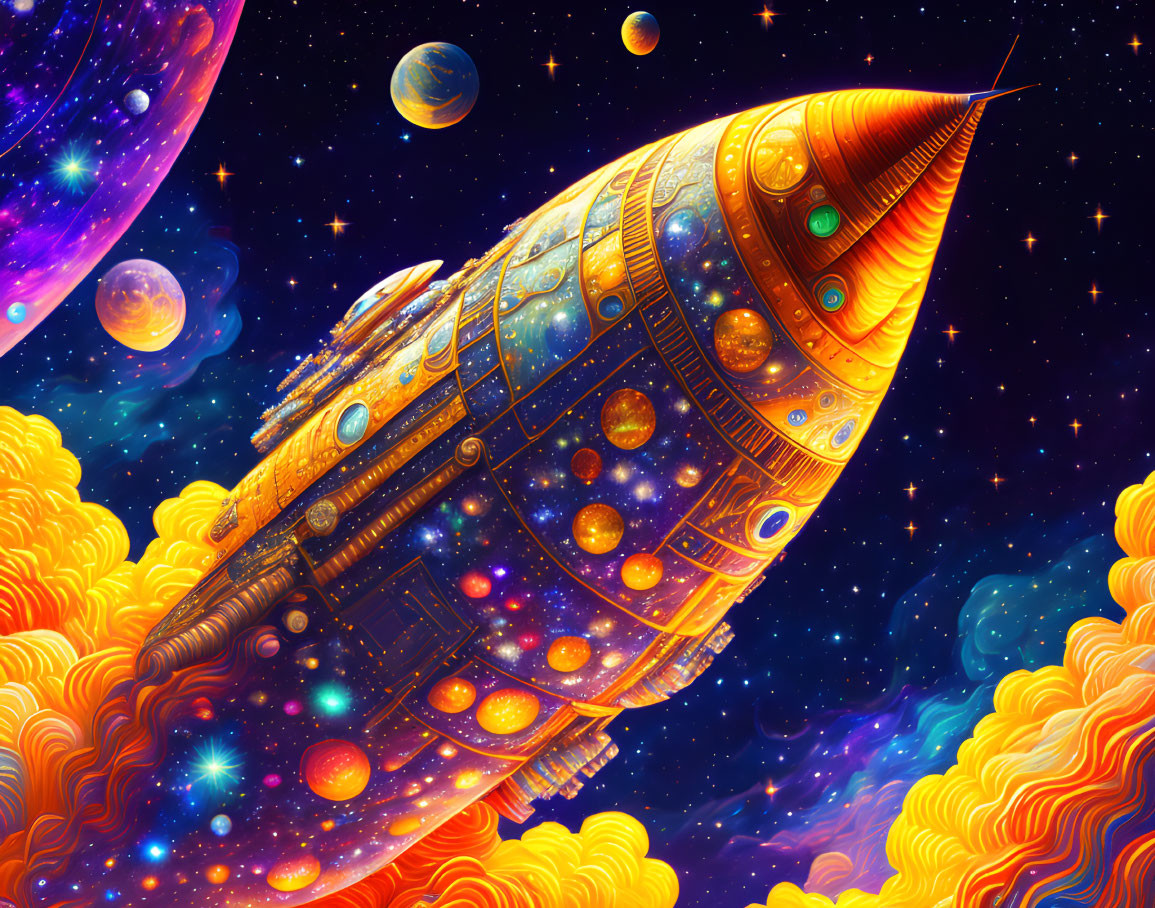 Golden ornate spaceship in cosmic scene with stars and nebulae