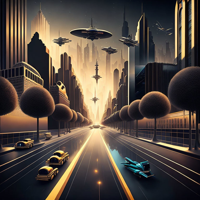 Futuristic cityscape with flying saucers, streamlined cars, and spherical trees at dusk