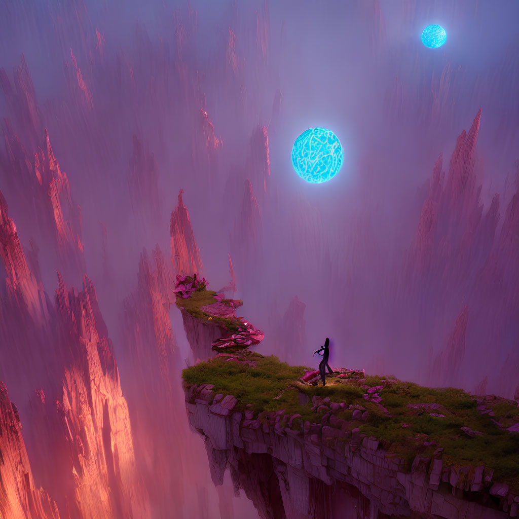 Figure on Floating Rock Island Amidst Towering Spires and Glowing Blue Orb