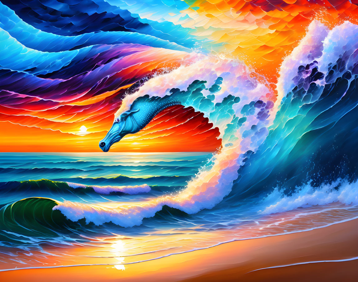 Colorful digital art: seahorse wave in sunset with vibrant colors & dynamic clouds