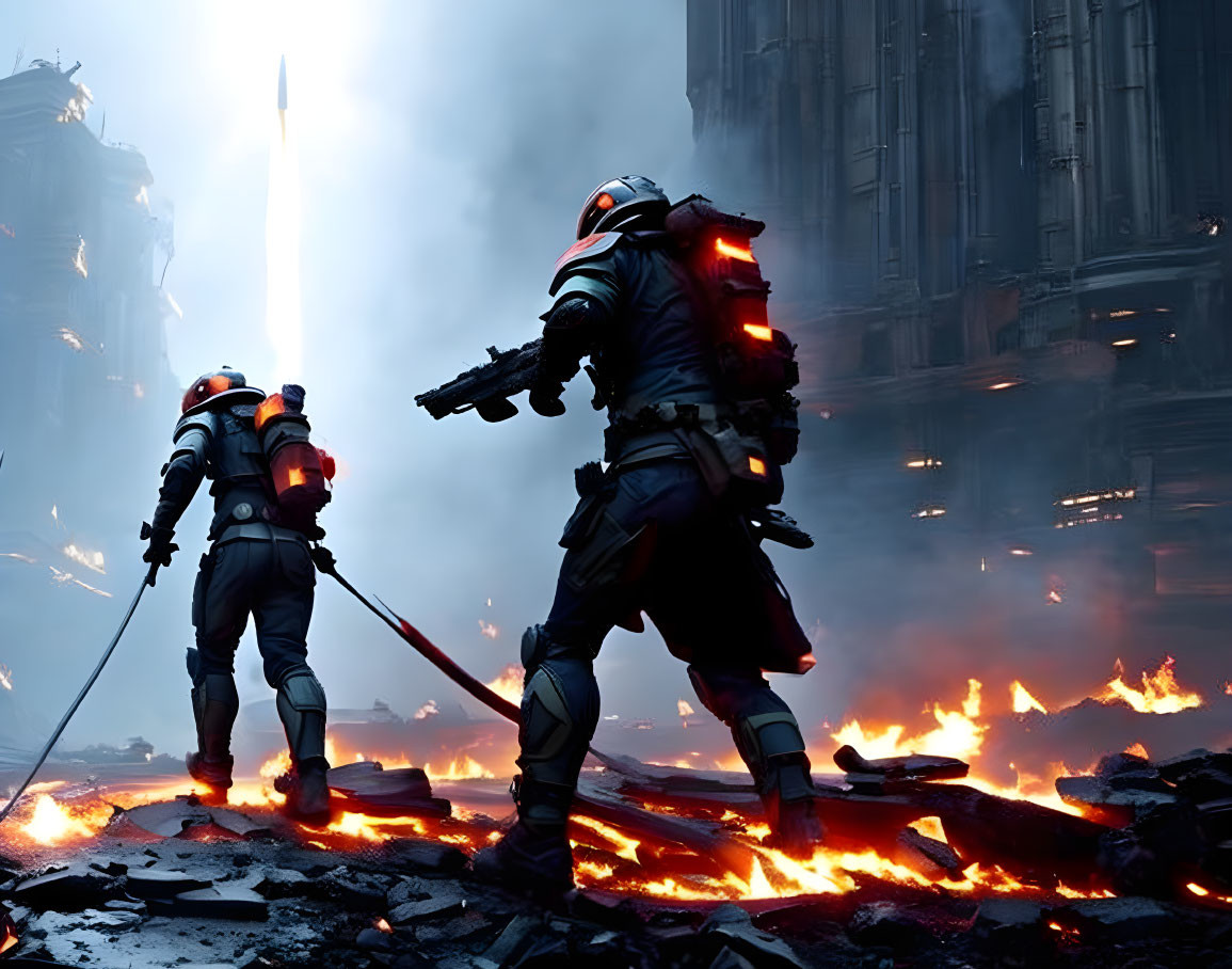 Futuristic firefighters combat blaze in urban setting