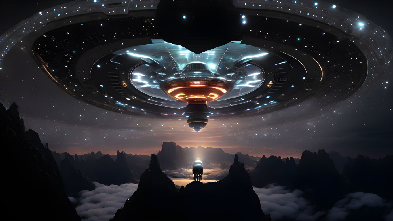 Intricate UFO above mountain landscape with solitary figure.