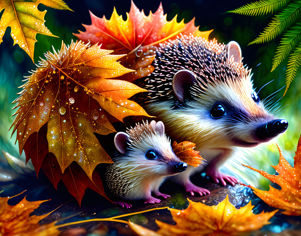 Vivid Hedgehogs in Autumn Leaves with Water Droplets