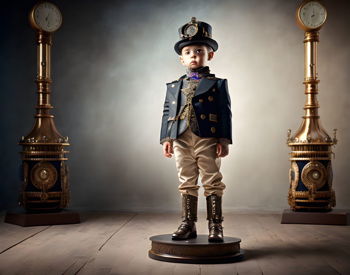 Vintage admiral uniform child with medals on pedestal between ornate clocks in moody studio