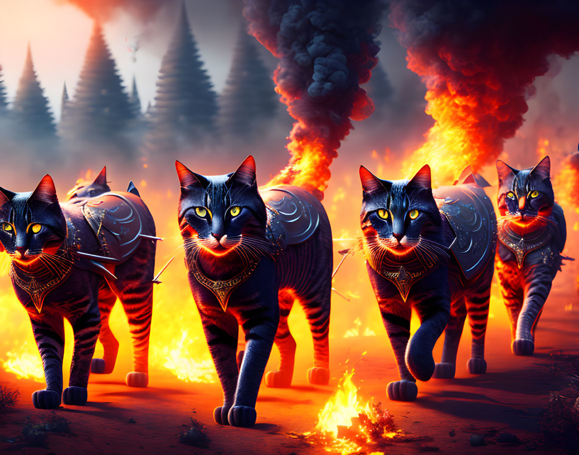 Four armored cats with glowing eyes in fiery landscape