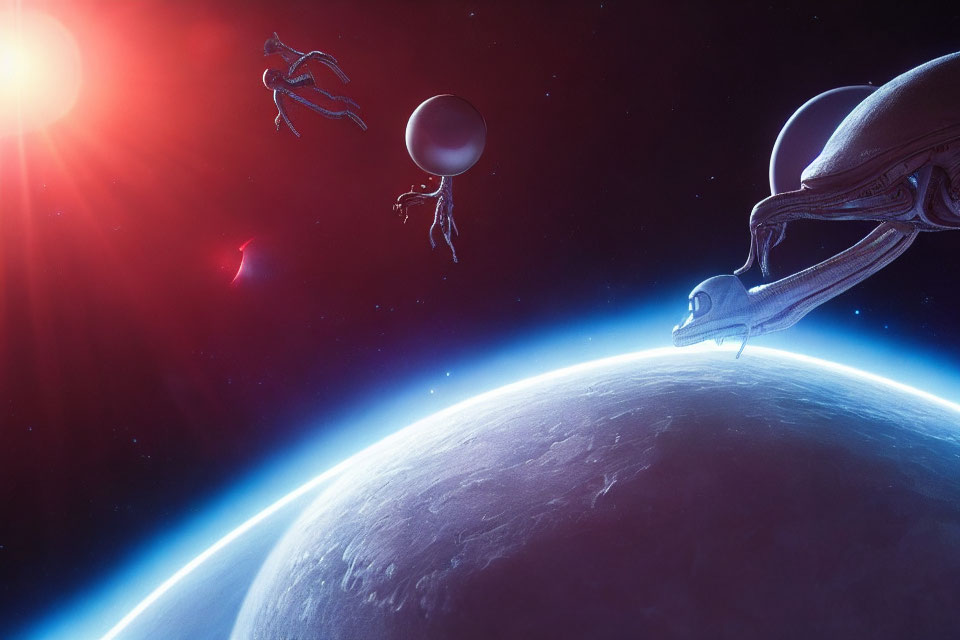 Astronauts floating near sleek spaceship above alien planet with sun in backdrop