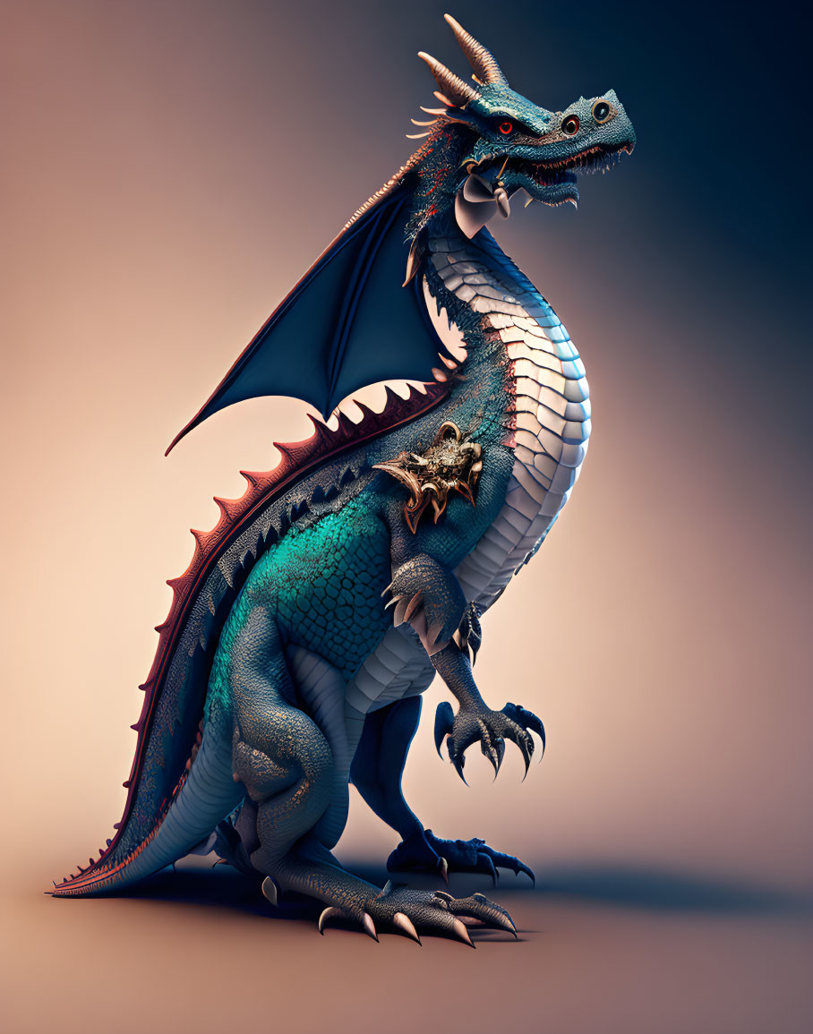 Detailed illustration of majestic blue dragon with intricate scales, large wings, and fierce claws against gradient background