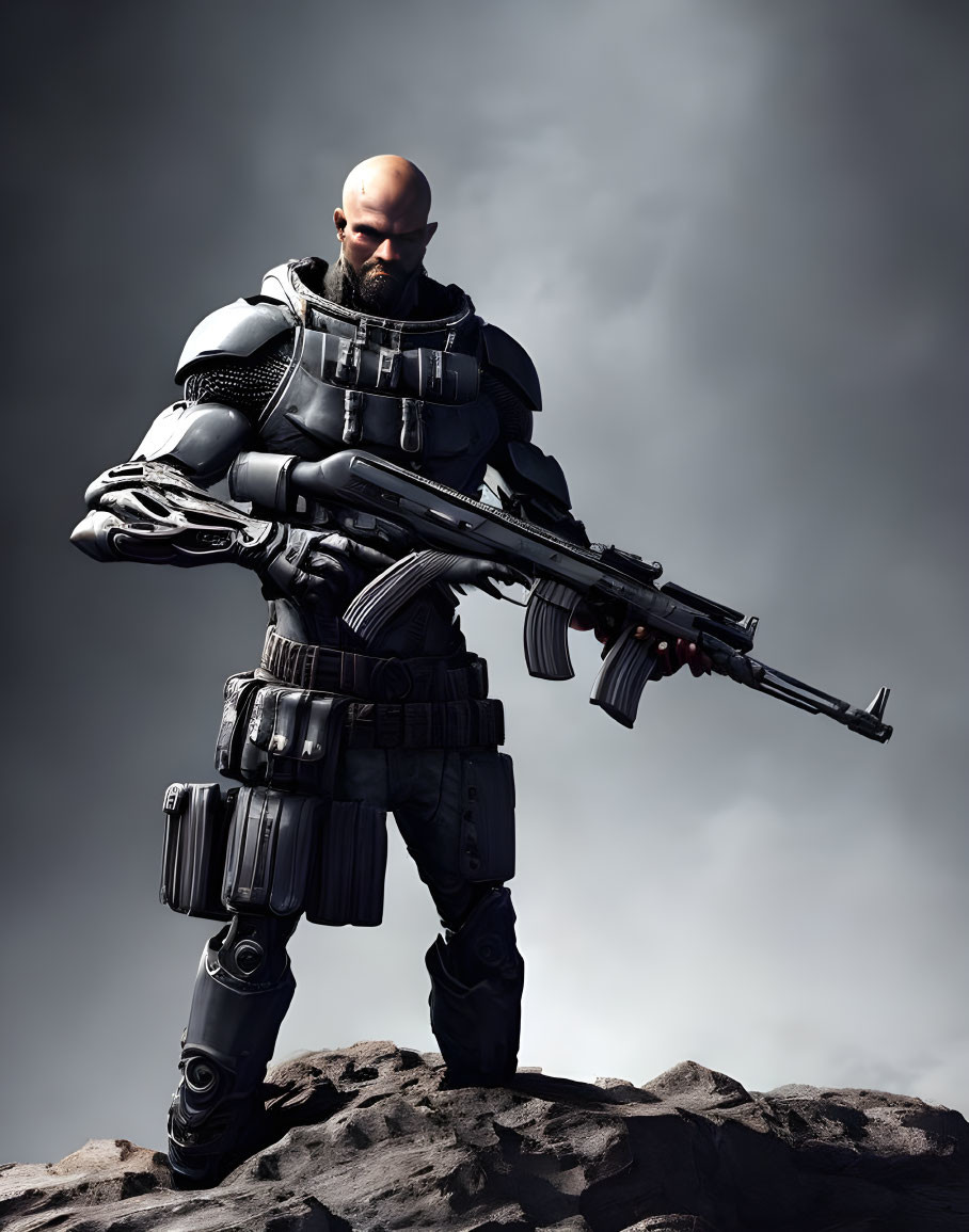 Bald Soldier in Futuristic Armor with Rifle on Rocky Terrain