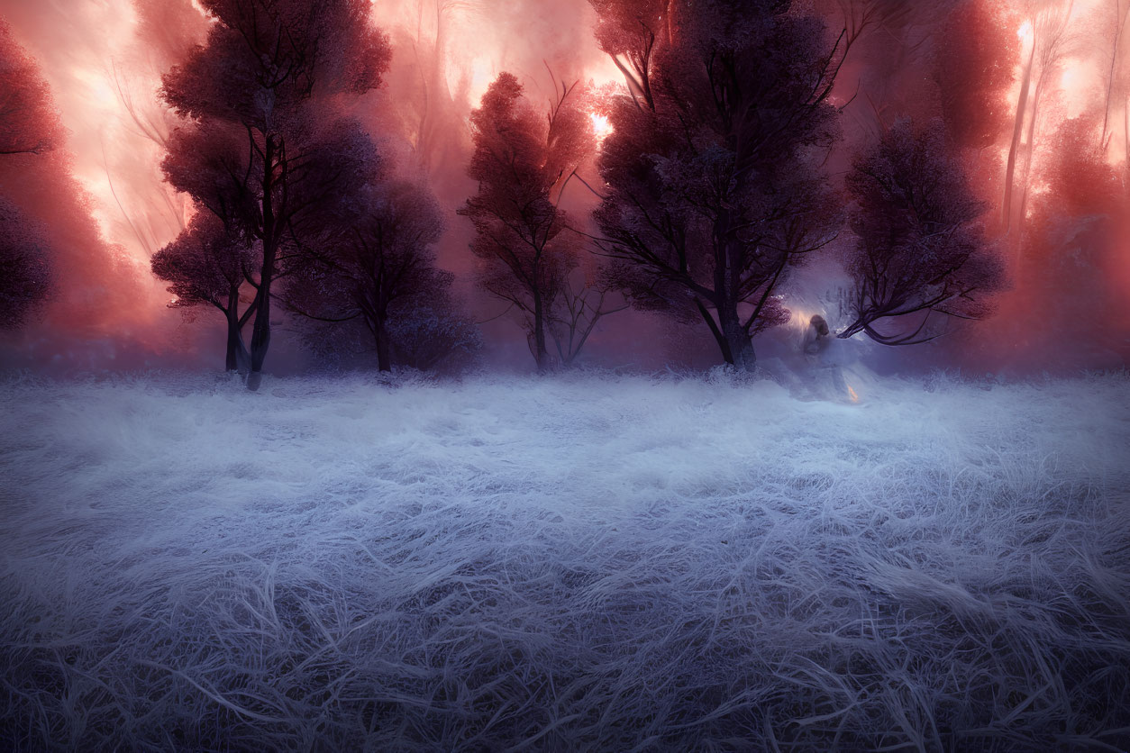 Figure Walking Through Frost-Covered Ground with Silhouetted Trees in Radiant Pink and Purple