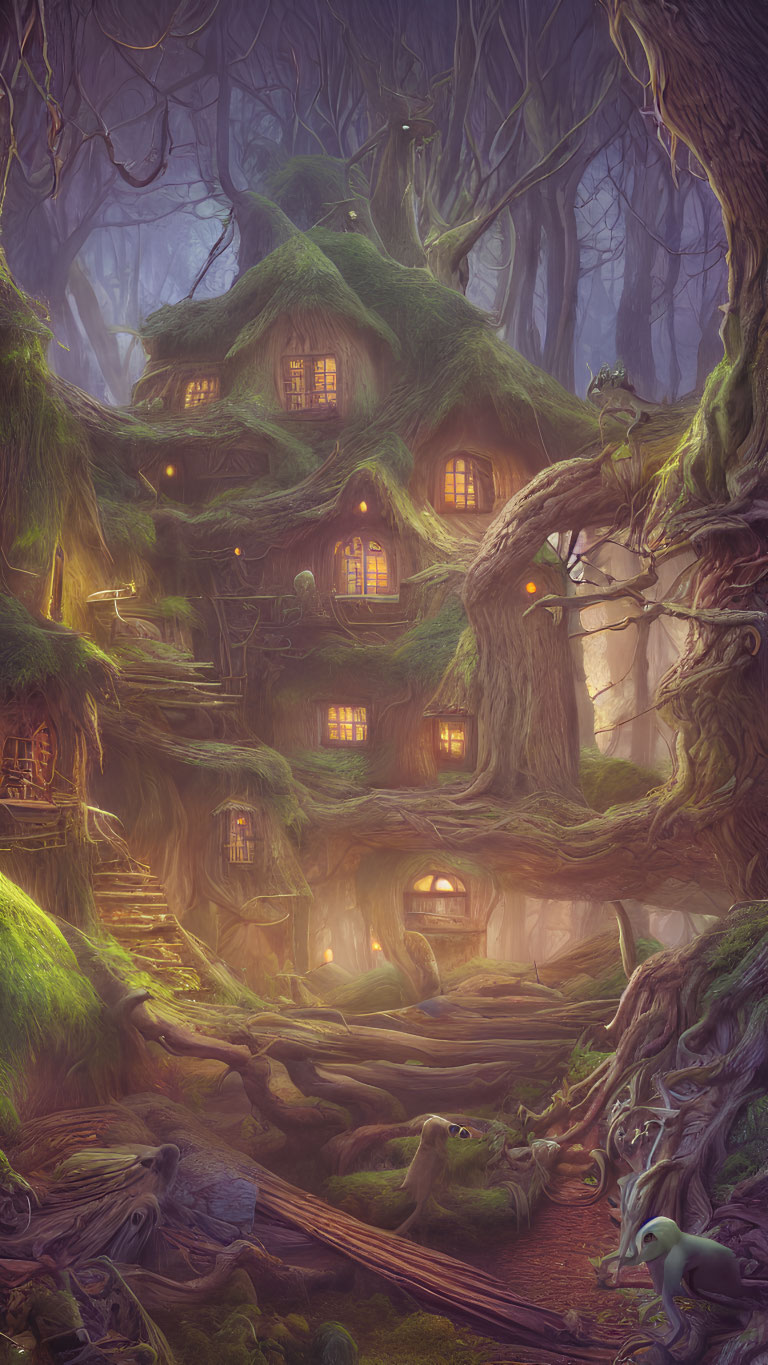 Enchanting forest with whimsical treehouses and glowing windows