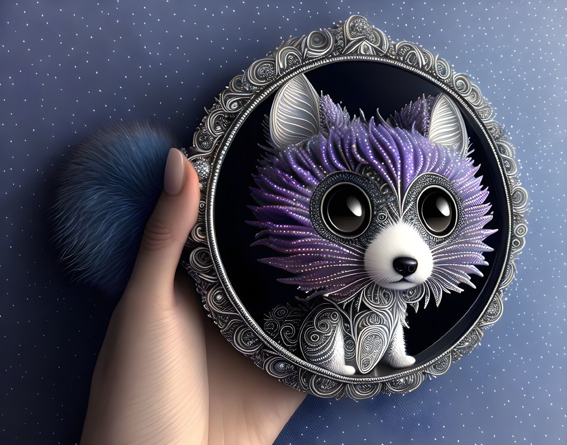 Ornate circular raccoon face design on metallic object