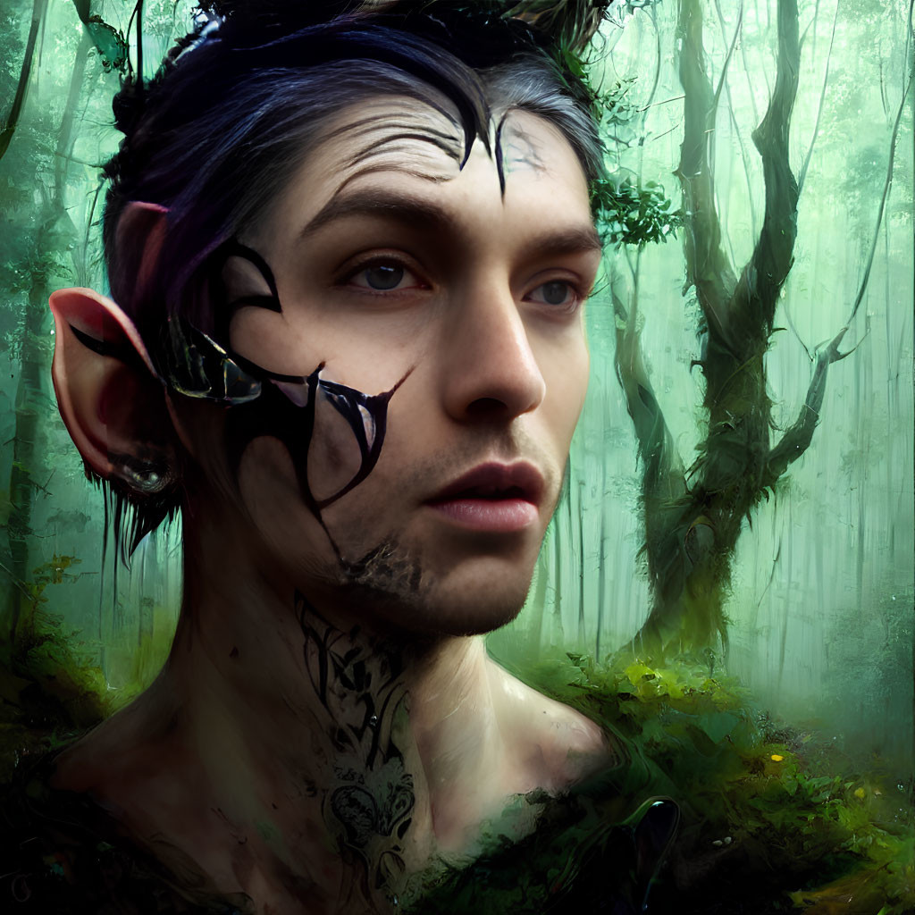 Portrait of a person with fantasy elf-like ears and black facial markings in misty forest.