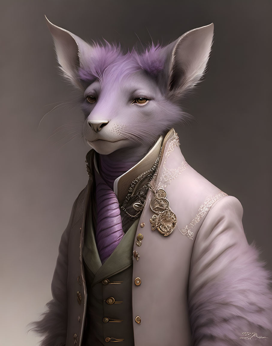 Purple Fox Character in Elegant 18th-Century Outfit