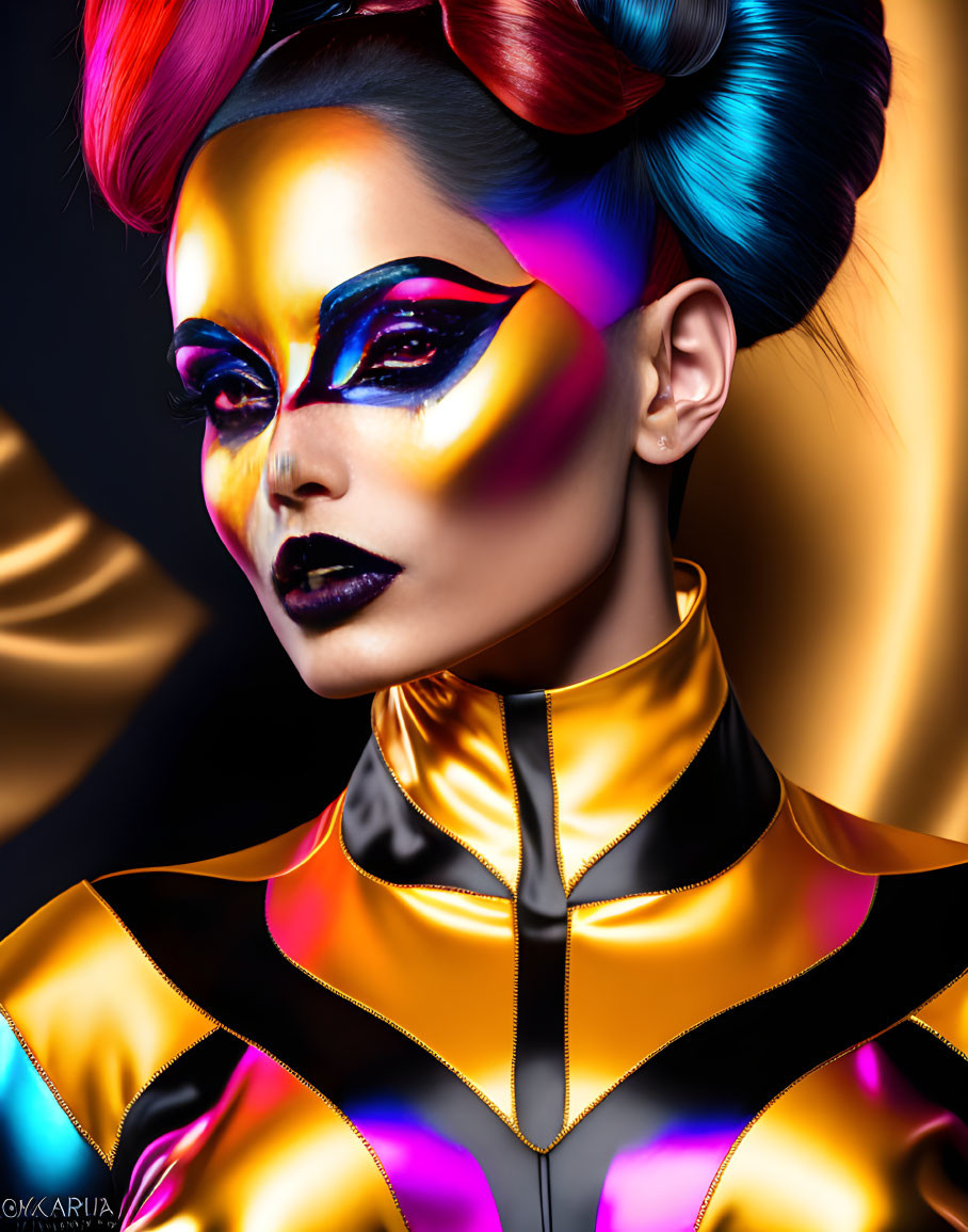 Colorful portrait of woman with avant-garde makeup and hairstyle in futuristic outfit