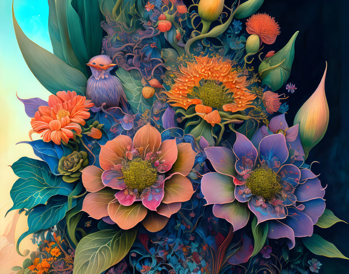 Colorful floral arrangement with bird in vibrant artwork