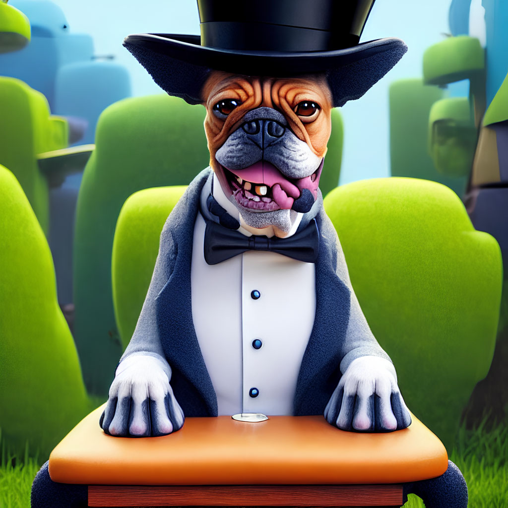 Confident bulldog in tuxedo and top hat at wooden bench with blurred green chairs