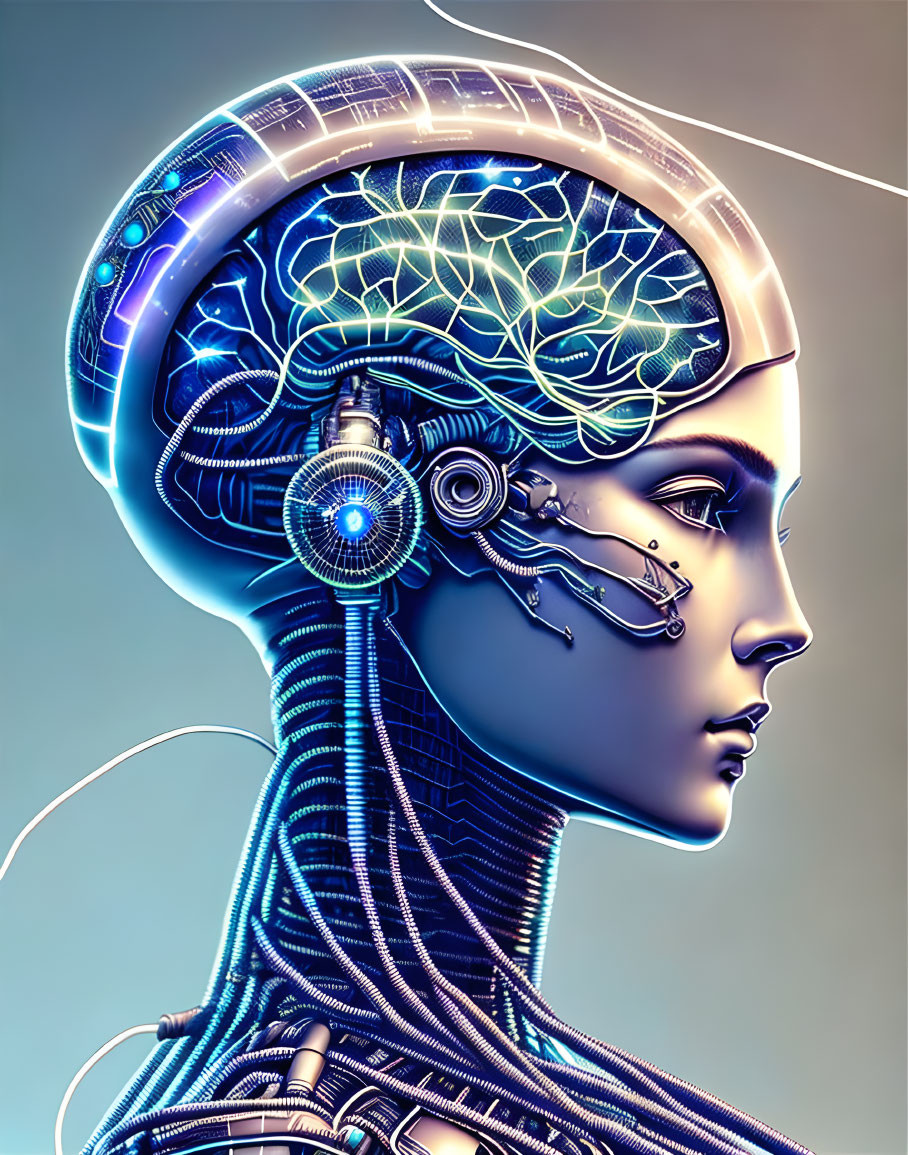 Futuristic female android with transparent head and digital brains on gradient background