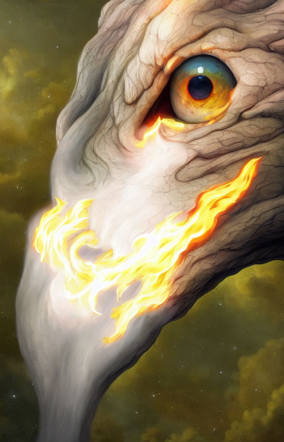 Fantastical creature with textured skin and fiery orange mark under vivid blue eye