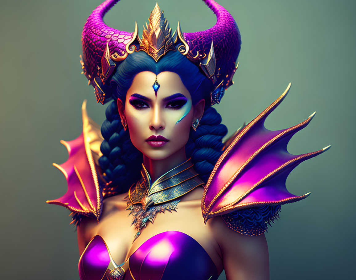 Blue-skinned female character with golden horns and dragon-wing-like costume on muted background