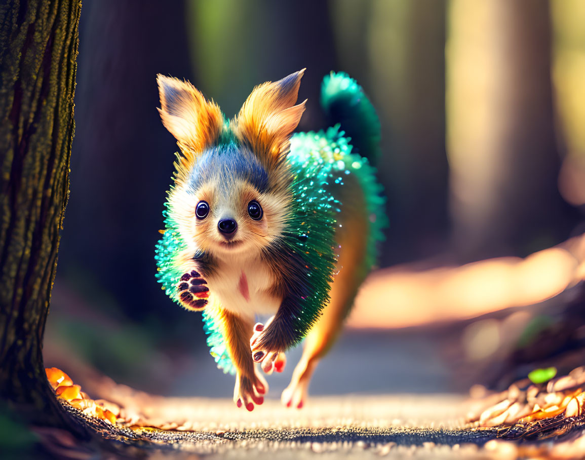 Turquoise-Spined Creature Frolicking in Sunlit Forest