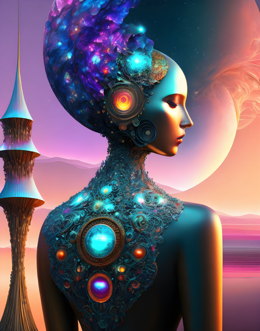 Digital artwork of female figure with cosmic headpiece and jewel-adorned body against surreal sunset.