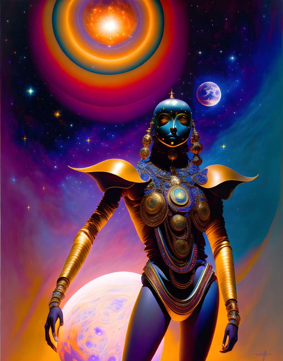 Golden-armored humanoid in cosmic scene with sun, stars, and planets