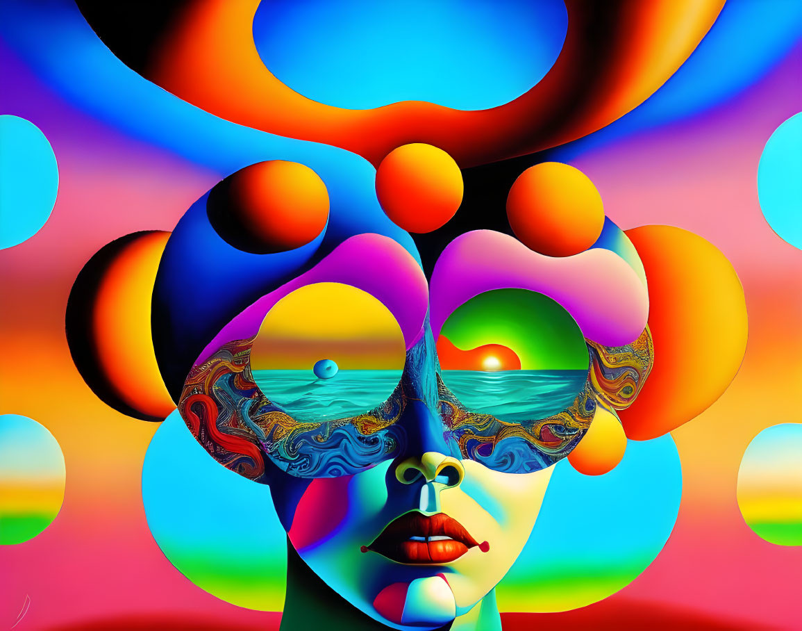 Colorful Abstract Face Art with Psychedelic Ocean Wave Eyes