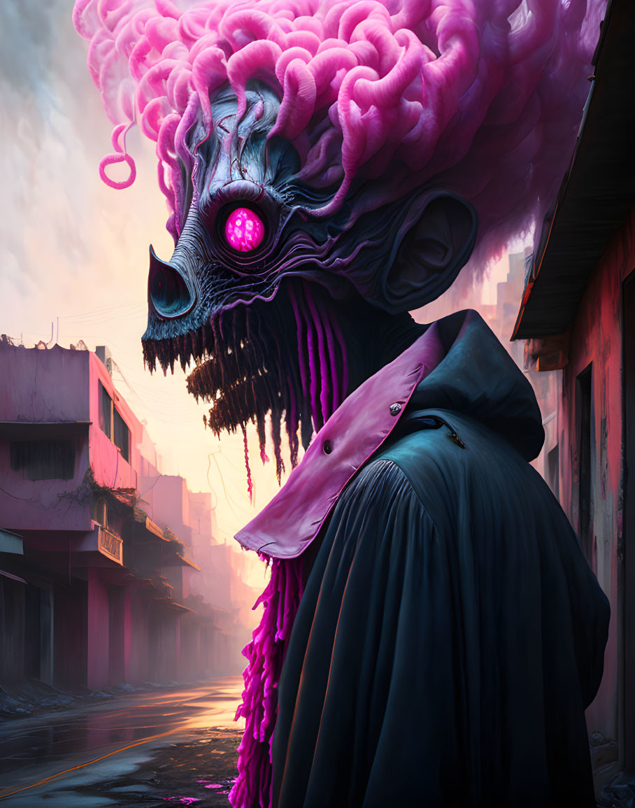 Cloaked figure in urban alley faces surreal skull with pink tentacles