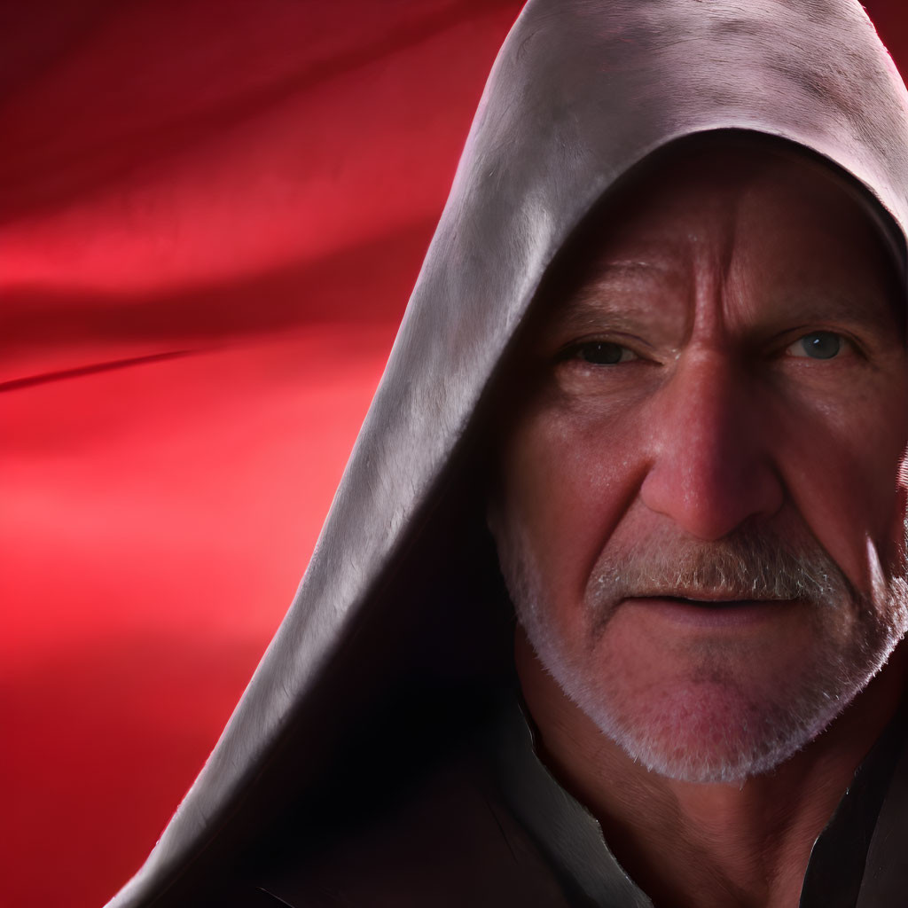 Mysterious man in hooded cloak against red background