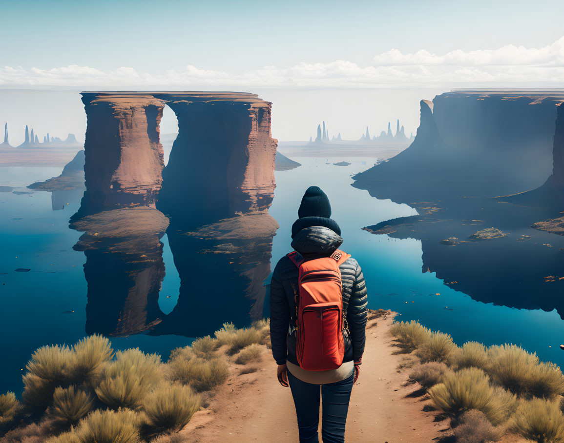 Hiker in jacket and backpack admiring desert rock formations