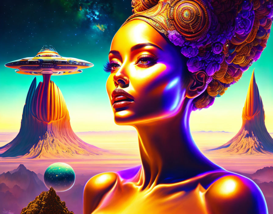 Colorful digital artwork: Woman with neon skin and intricate headgear, alien landscape backdrop