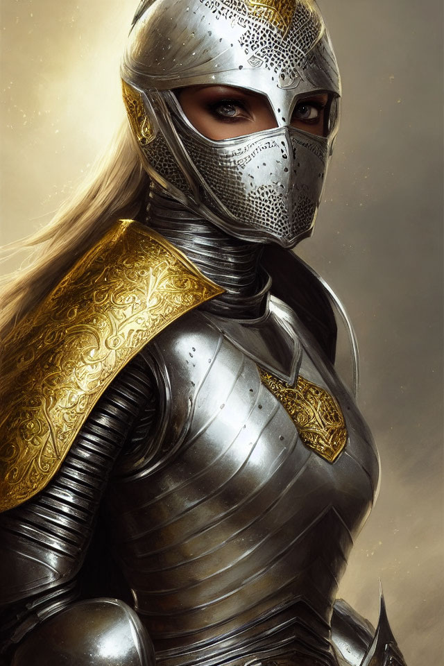 Woman in ornate medieval armor with decorated helmet and golden shoulder plates.