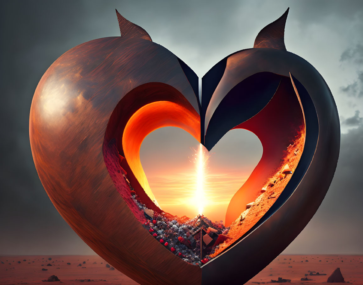 Surreal heart-shaped structure with devilish horns under dramatic sky