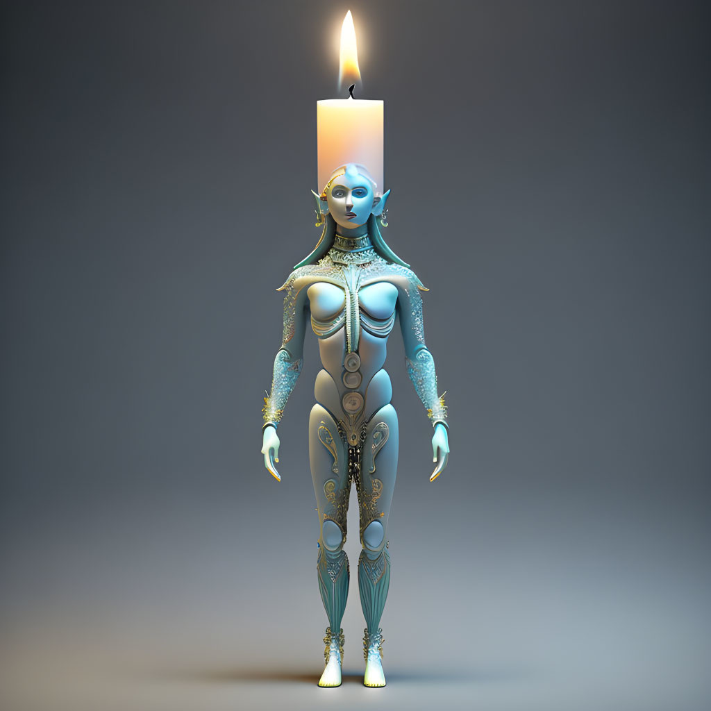 Blue-skinned humanoid robot or alien with ornate armor and candle flame on head